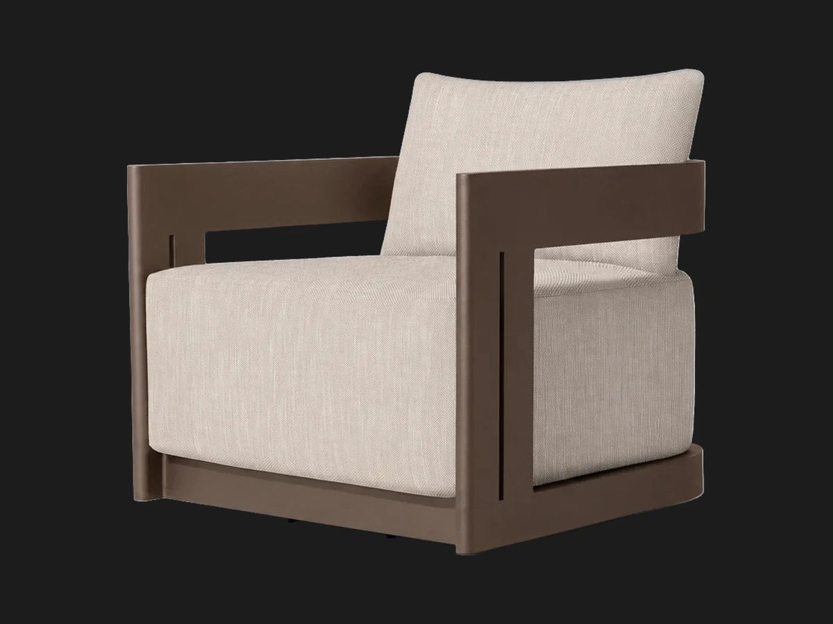 Outdoor bronze aluminum swivel chair, front three-quarter view