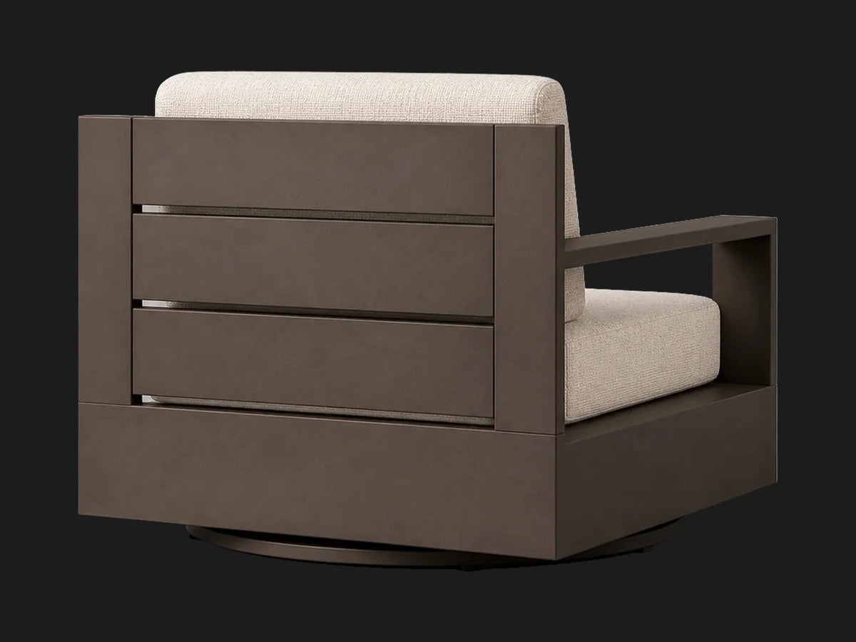 Outdoor bronze aluminum swivel chair, back view