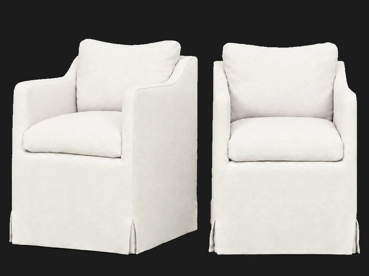 Amelia Dining Chair 2-piece set in Performance Linen Weave Pure White - front and three-quarter views #Fabric & Color_Performance Linen Weave Pure White