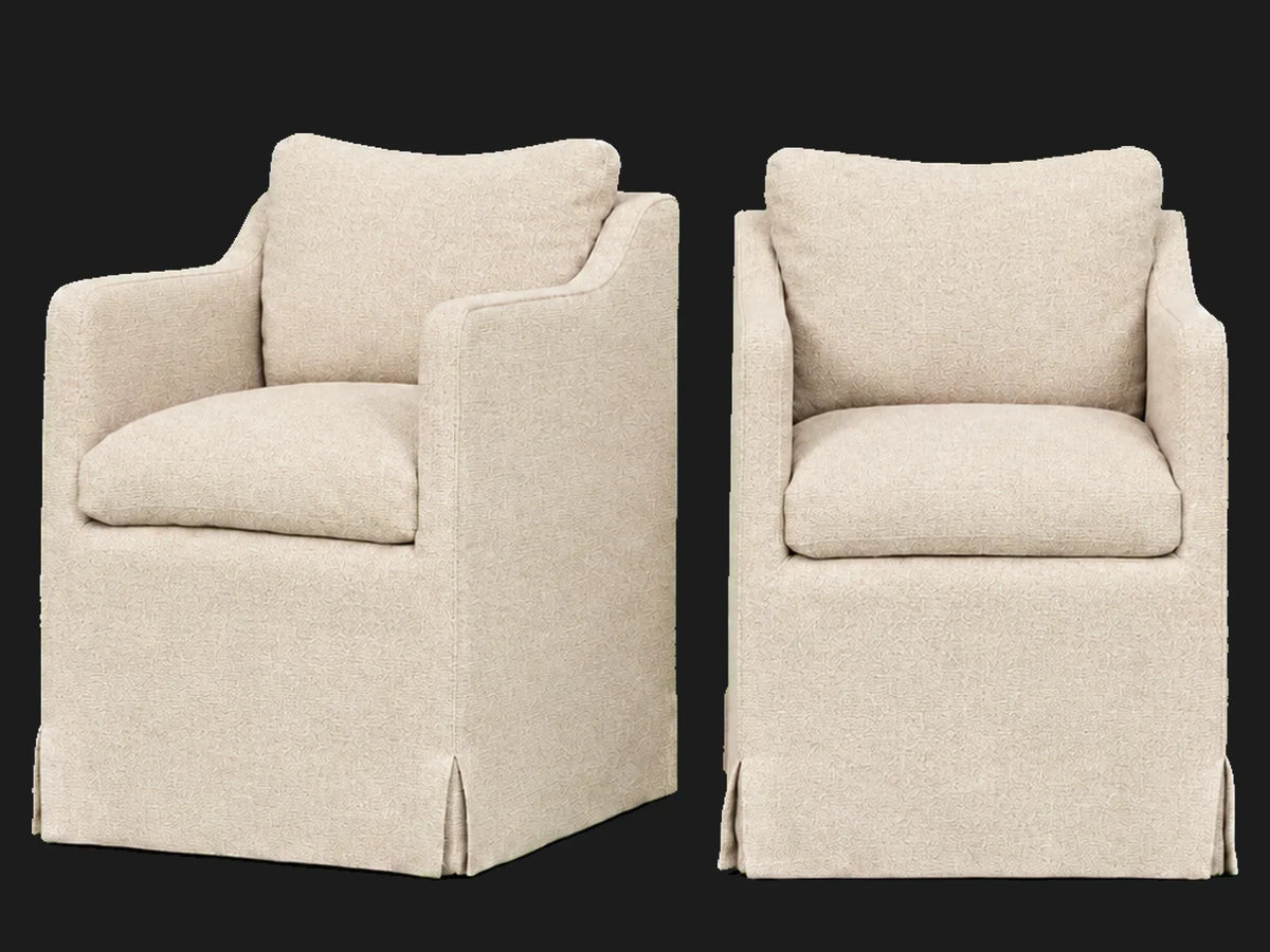 Amelia Dining Chair 2-piece set in Performance Textural Weave Savanna - front and three-quarter views