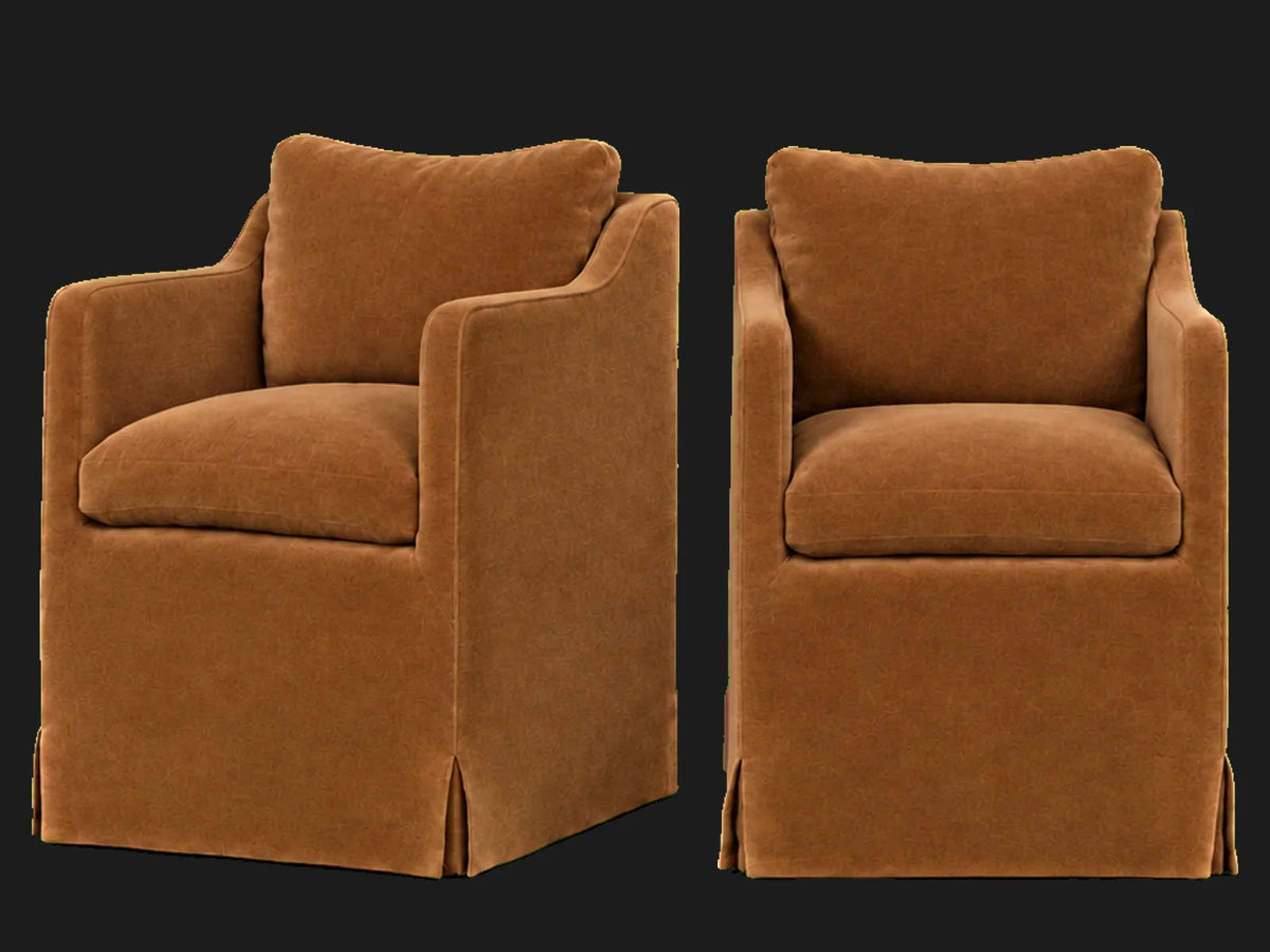 Amelia Dining Chair 2-piece set in Performance Velvet Cider - front and three-quarter views