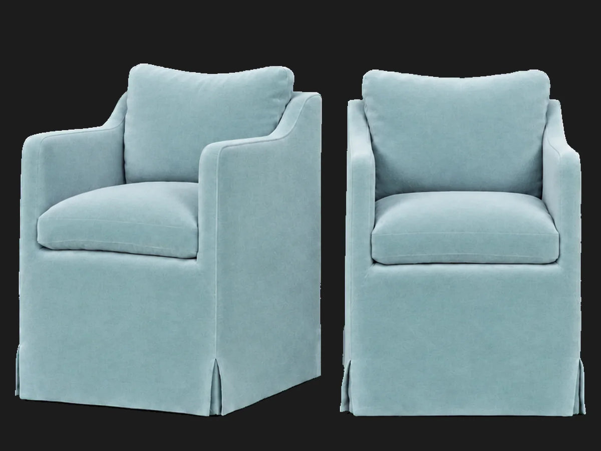 Amelia Dining Chair 2-piece set in Performance Velvet Sky - front and three-quarter views #Fabric & Color_Performance Velvet Sky
