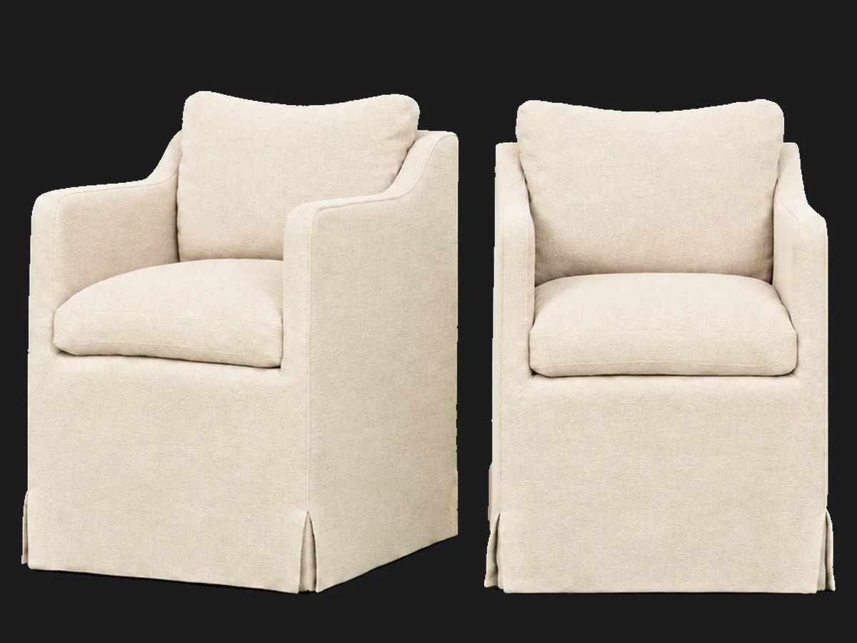 Amelia Dining Chair 2-piece set in Performance Woven Chenille Desert - front and three-quarter views