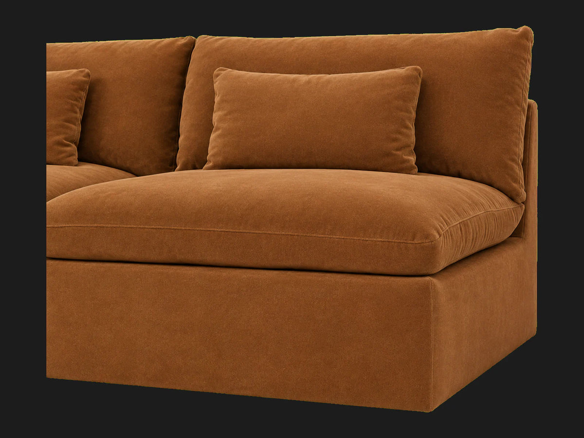Aria Slipcovered Modular Sectional Sofa in Performance Velvet Cider — arm and cushion detail