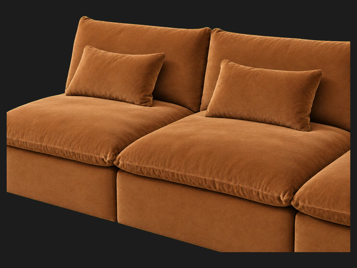 Aria Slipcovered Modular Sectional Sofa in Performance Velvet Cider — armless deep-seat detail