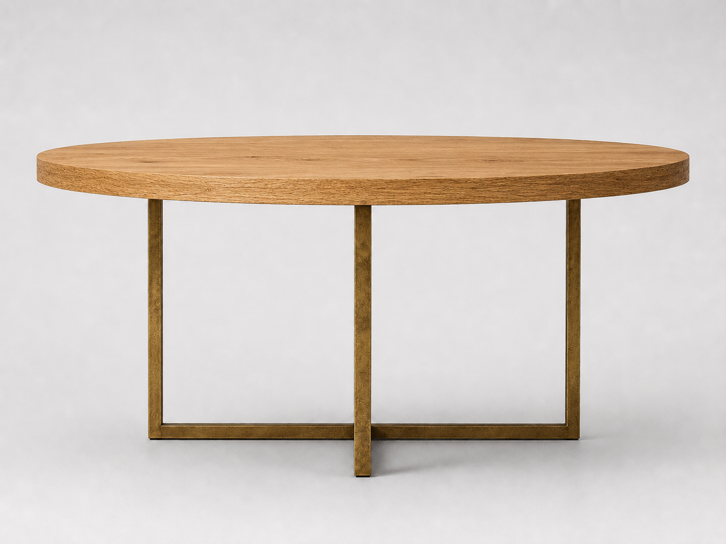 Round Solid Oak Dining Table with Brass Metal Base