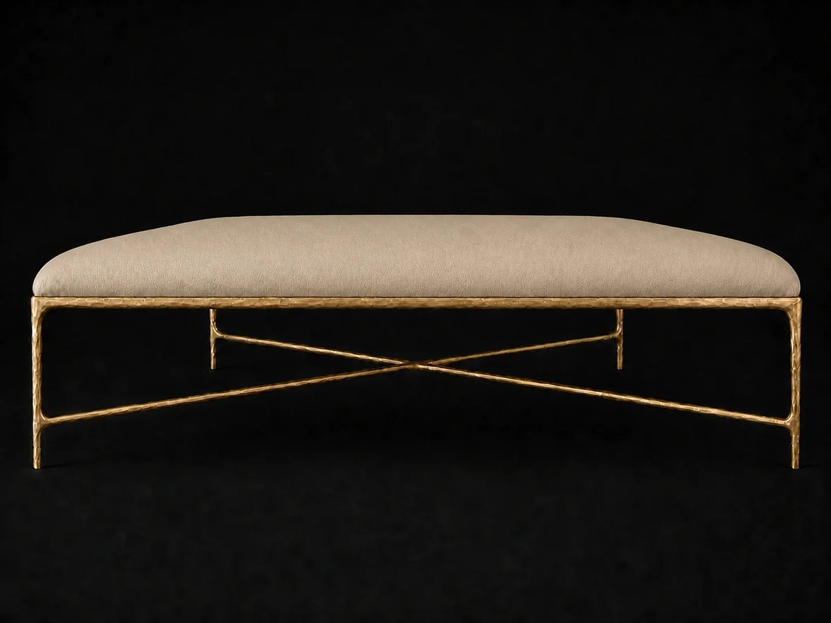 Square Coffee Ottoman — Pebbled Leather Stone — Forged Brass #Fabric & Color_Pebbled Leather Stone