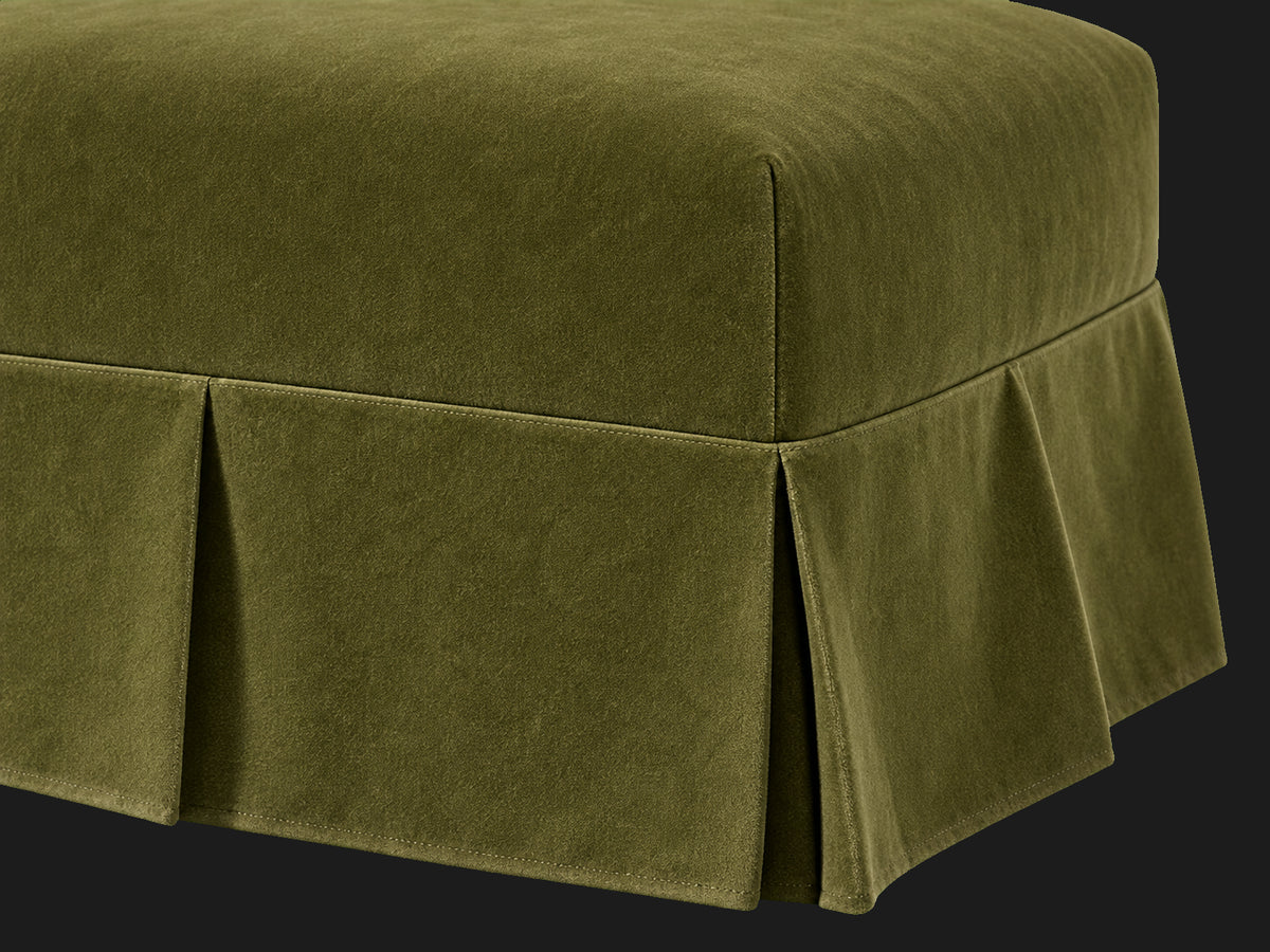Dalia Ottoman in Performance Velvet Olive, pleated skirt detail