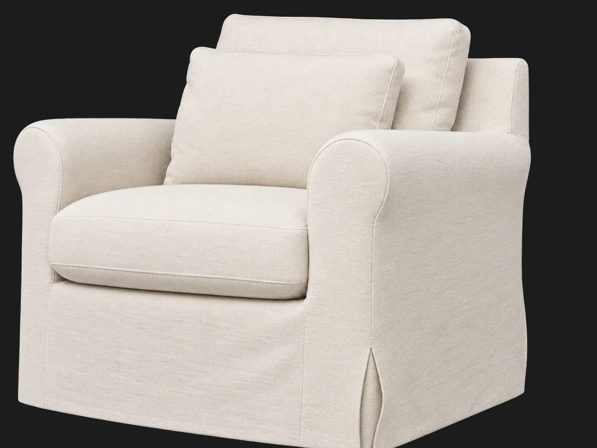 Elias Swivel Chair in Italian Brushed Wool Vanilla, cushion and roll arm detail