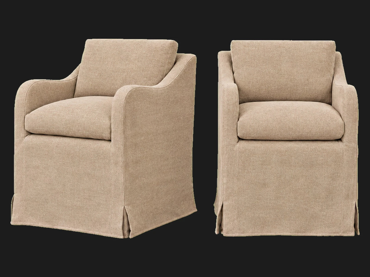 Esmé Dining Chair 2-piece set in Performance Woven Chenille Desert - front and three-quarter views