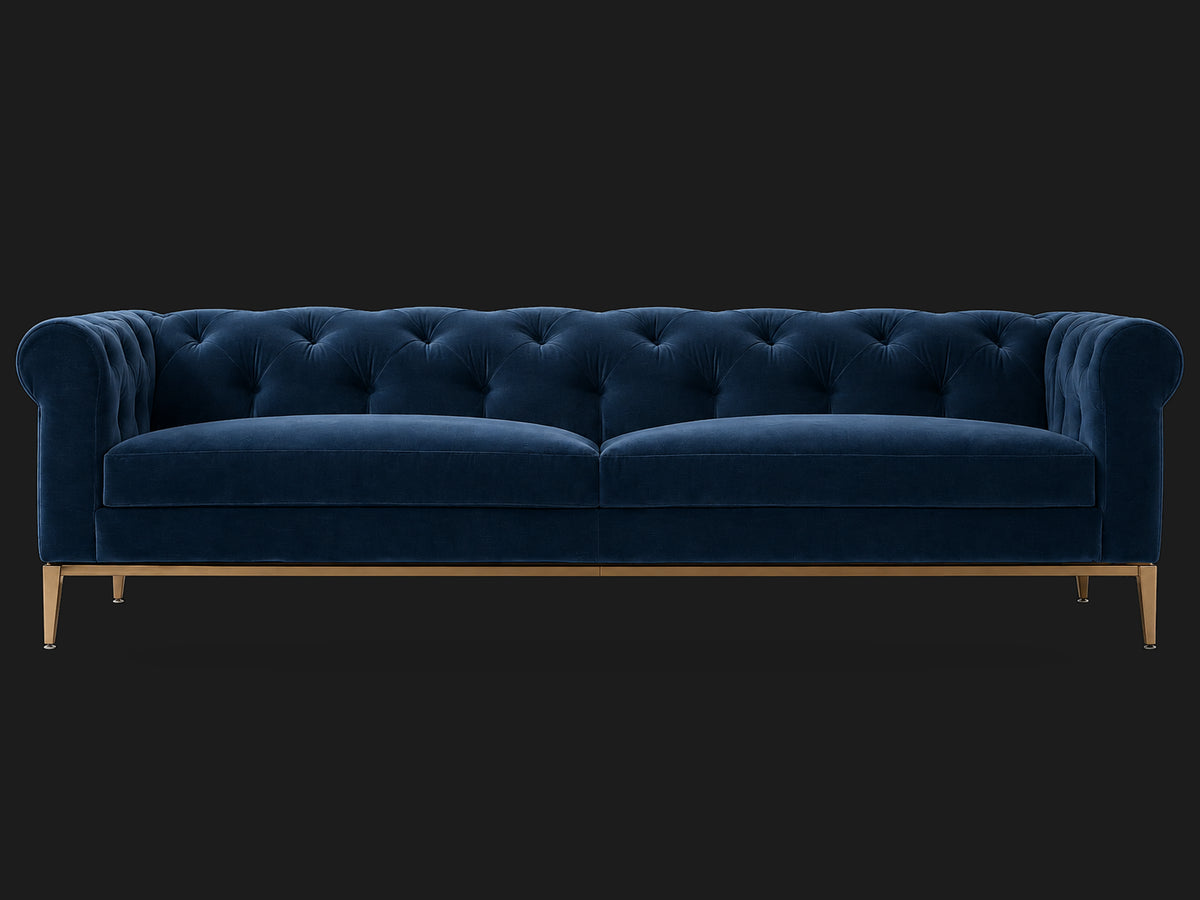 Italia Chesterfield 2-Cushion Sofa – Metal Base – Ecommerce Main 1 – Performance Velvet Sapphire – Matte Brass
