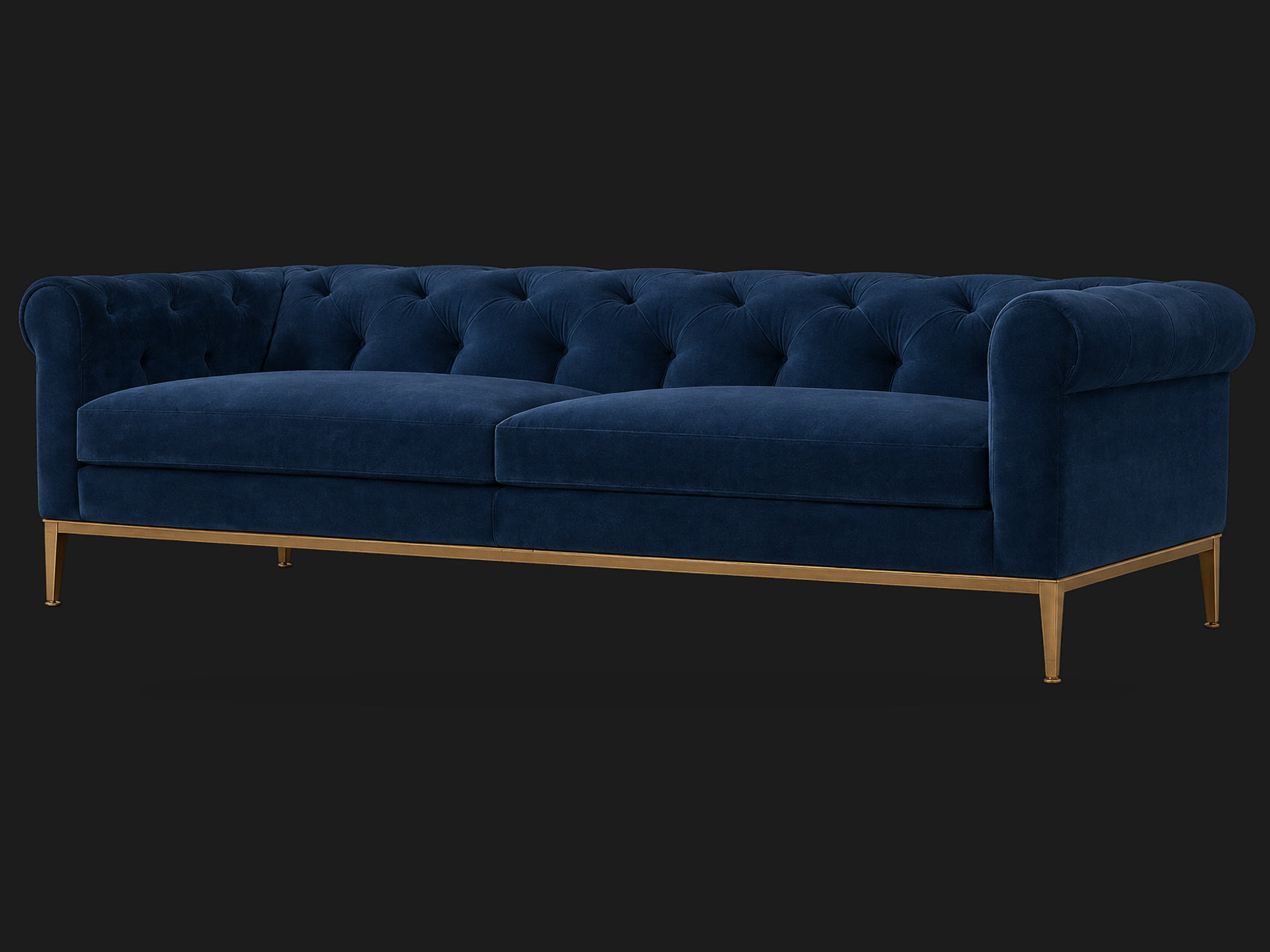 Italia Chesterfield 2-Cushion Sofa – Metal Base – Ecommerce Main 2 – Performance Velvet Sapphire – Matte Brass