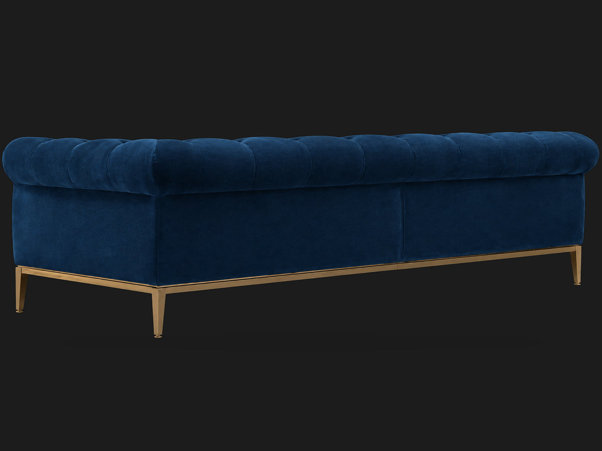 Italia Chesterfield 2-Cushion Sofa – Metal Base – Ecommerce Main 3 – Performance Velvet Sapphire – Matte Brass