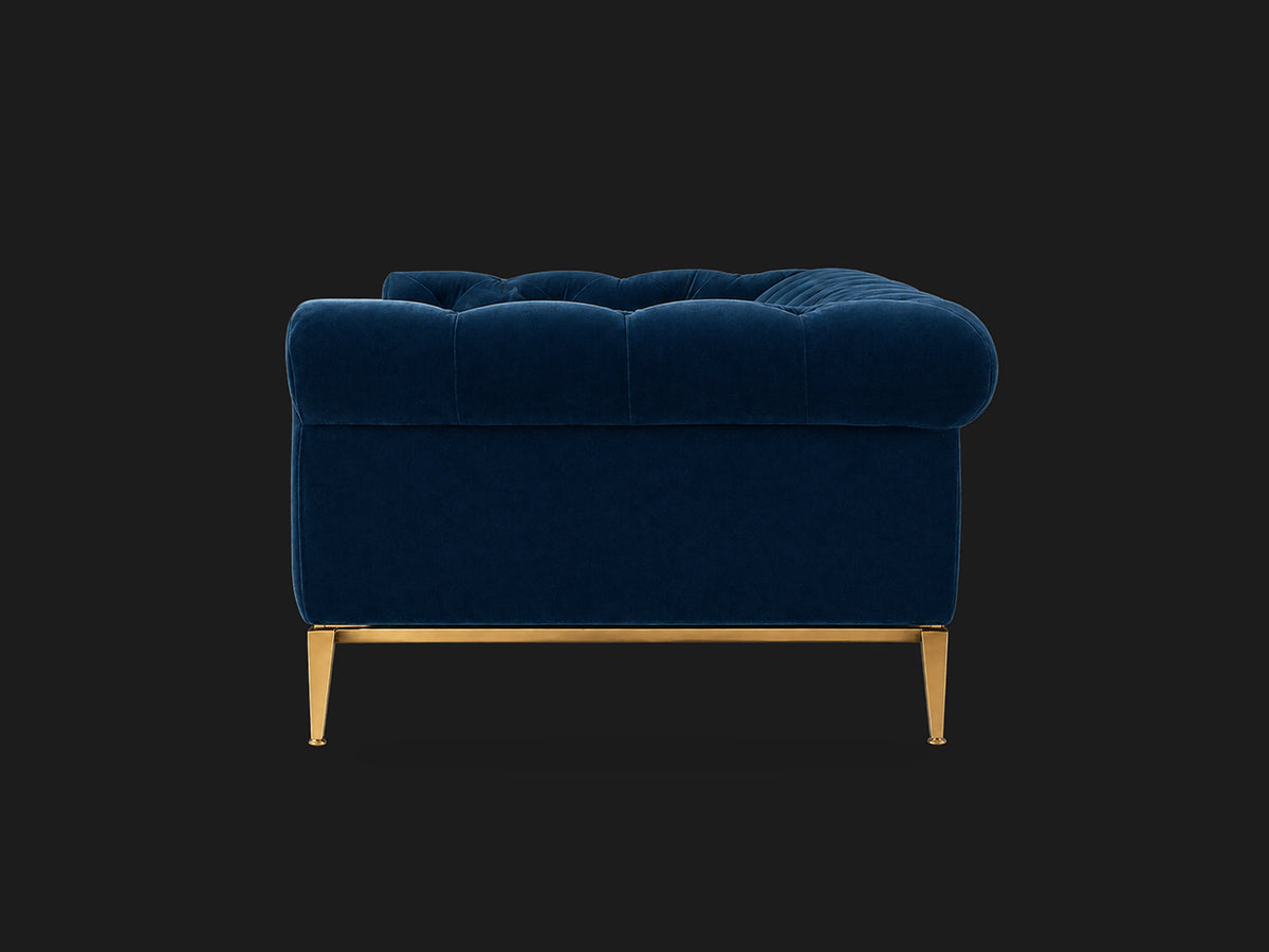 Italia Chesterfield 2-Cushion Sofa – Metal Base – Ecommerce Main 4 – Performance Velvet Sapphire – Matte Brass