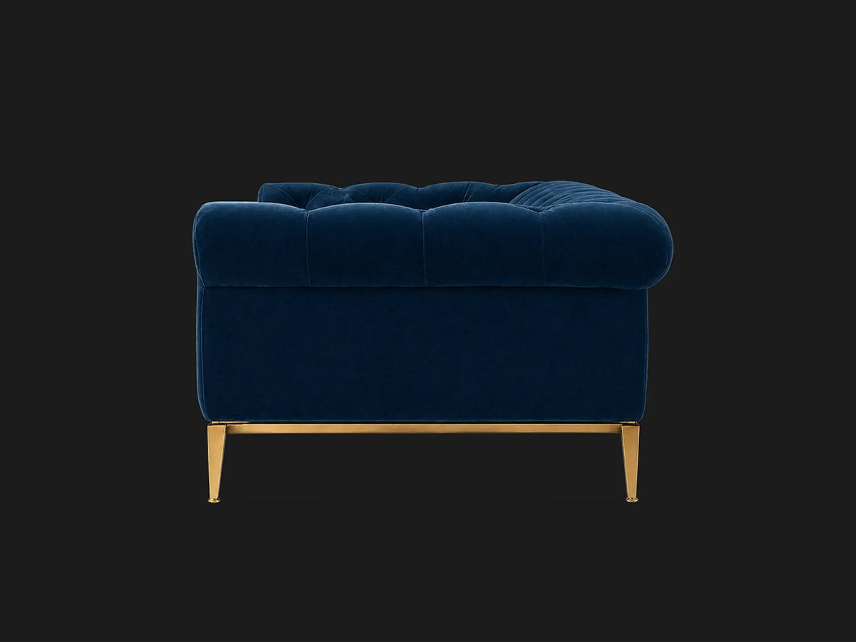 Italia Chesterfield 2-Cushion Sofa – Metal Base – Ecommerce Main 4 – Performance Velvet Sapphire – Matte Brass