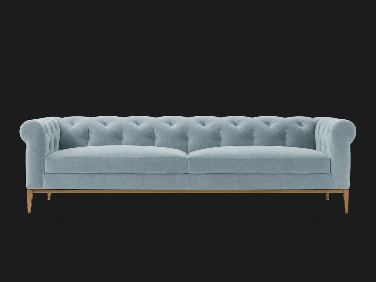 Italia Chesterfield 2-Cushion Sofa – Metal Base – Performance Velvet Sky – Matte Brass #Fabric & Color_Performance Velvet Sky