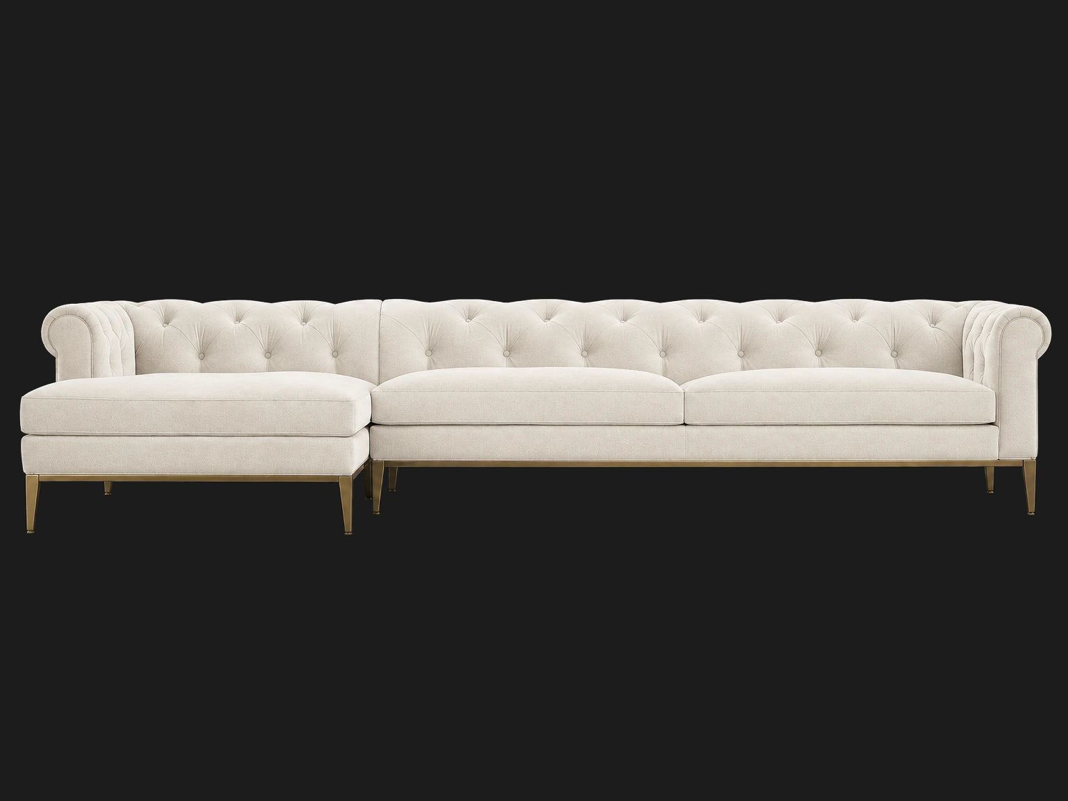 Italia Chesterfield Right-Arm Chaise Sectional – Metal Base – Italian Brushed Wool Vanilla – Matte Brass