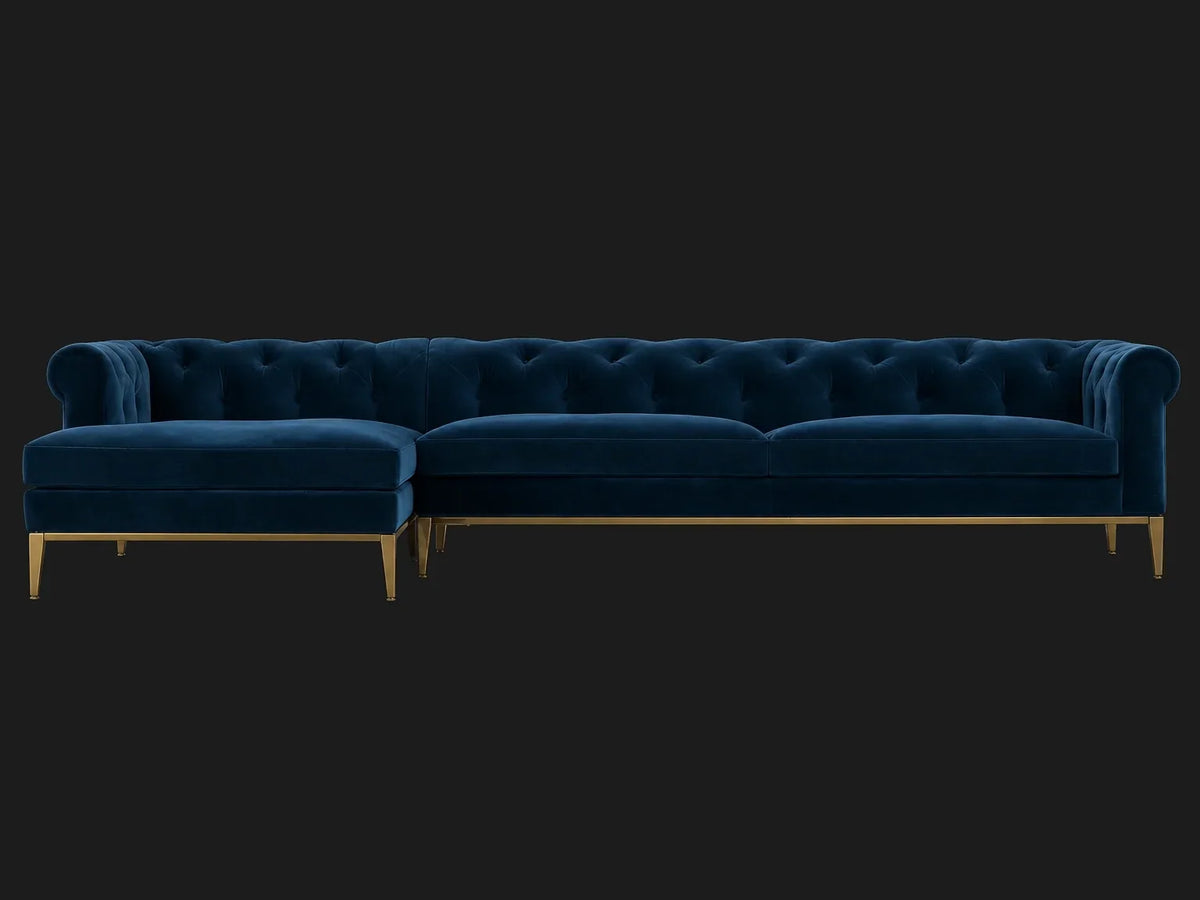 Italia Chesterfield Right-Arm Chaise Sectional – Metal Base – Ecommerce Main 1 – Performance Velvet Sapphire – Matte Brass