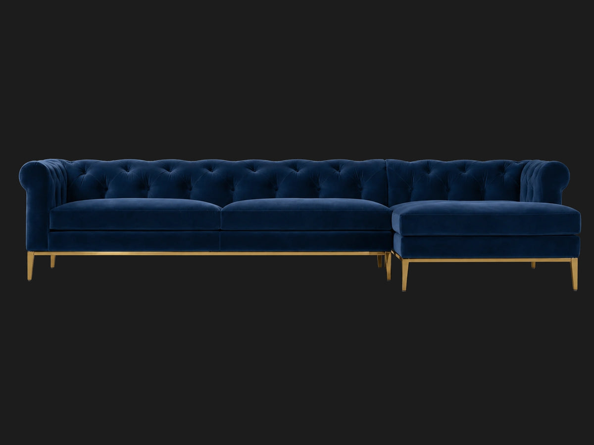 Italia Chesterfield Right-Arm Chaise Sectional – Metal Base – Ecommerce Main 4 – Performance Velvet Sapphire – Matte Brass