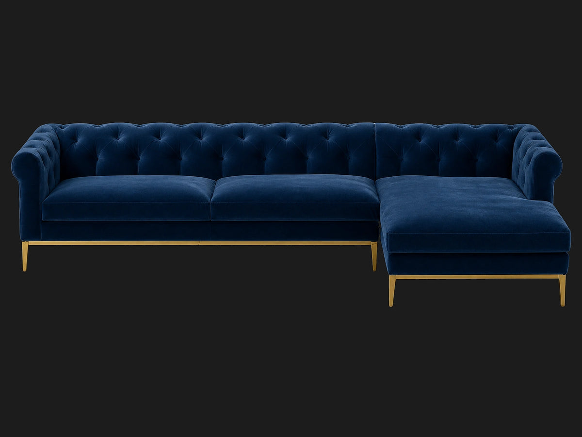 Italia Chesterfield Right-Arm Chaise Sectional – Metal Base – Ecommerce Main 5 – Performance Velvet Sapphire – Matte Brass