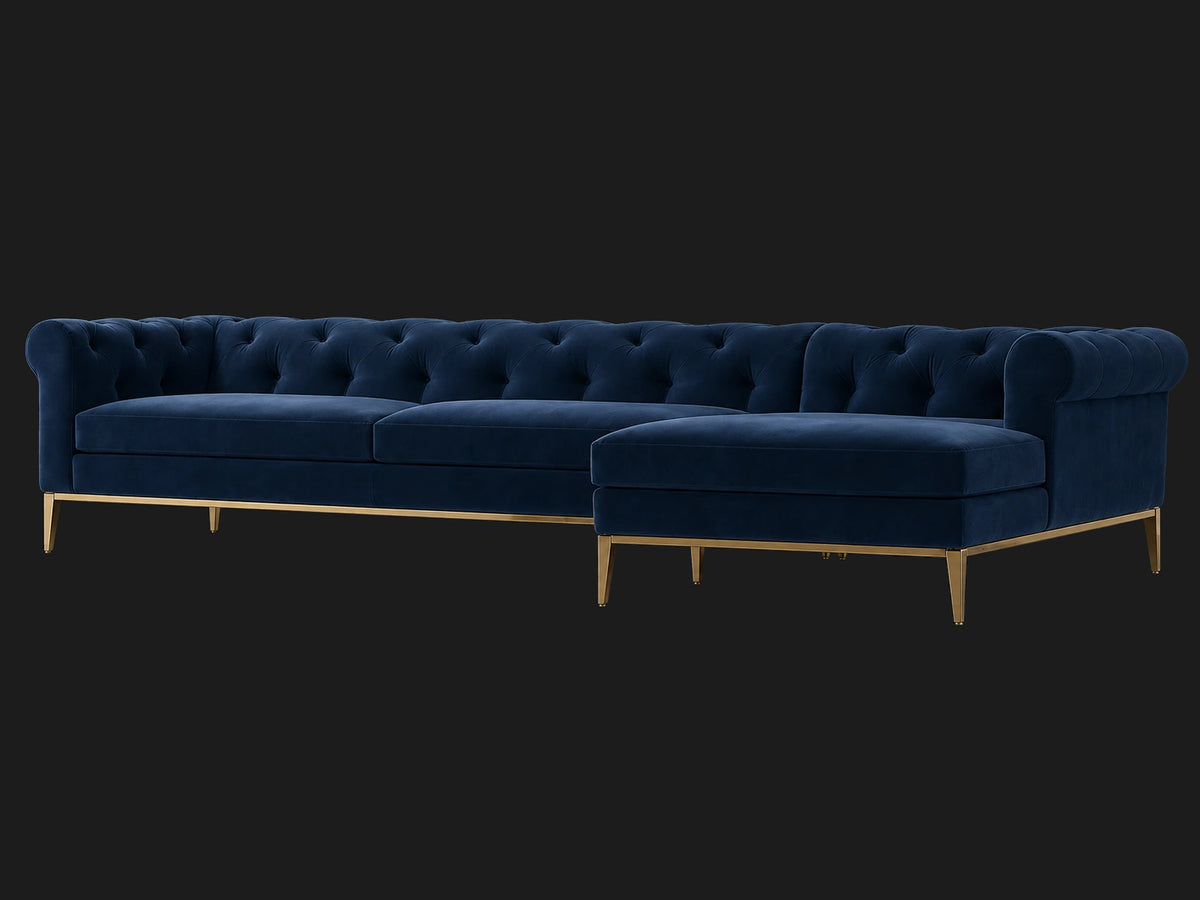 Italia Chesterfield Right-Arm Chaise Sectional – Metal Base – Ecommerce Main 6 – Performance Velvet Sapphire – Matte Brass