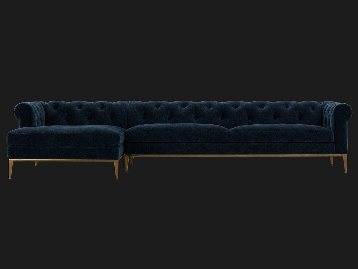 Italia Chesterfield Right-Arm Chaise Sectional – Metal Base – Mohair Admiral – Matte Brass