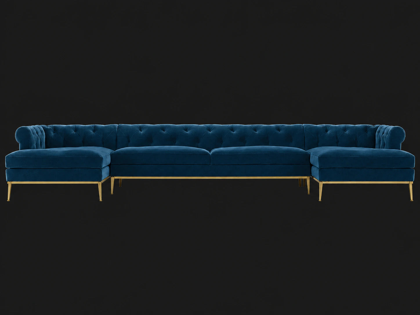 Italia Chesterfield U-Chaise Sectional - Performance Velvet Sapphire / Matte Brass