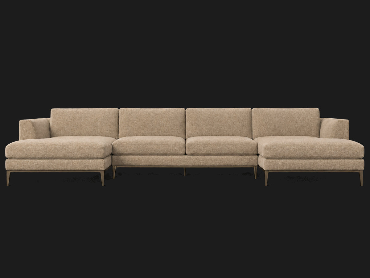 Italia Taper Arm U-Chaise Sectional – Metal Base – Mohair Almond – Burnished Bronze #Fabric & Color_Mohair Almond