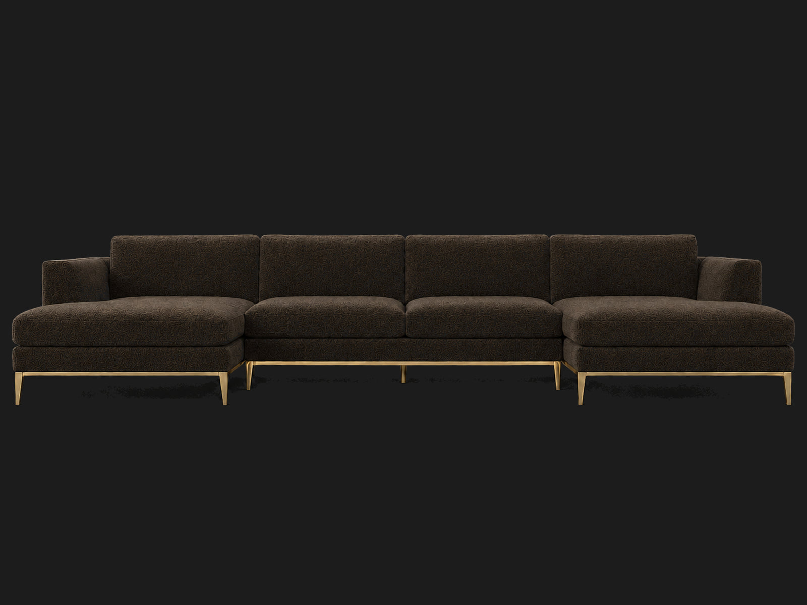 Italia Taper Arm U-Chaise Sectional – Metal Base – Mohair Chocolate – Matte Brass
