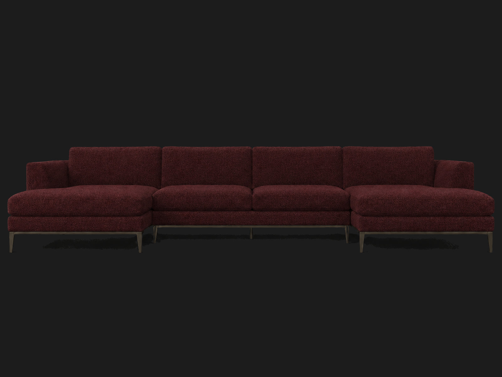 Italia Taper Arm U-Chaise Sectional – Metal Base – Mohair Crimson – Burnished Bronze #Fabric & Color_Mohair Crimson