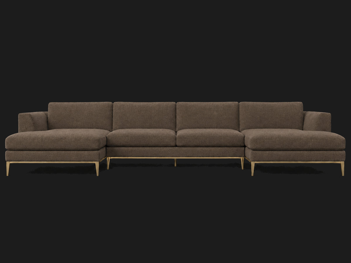 Italia Taper Arm U-Chaise Sectional – Metal Base – Mohair Mink – Matte Brass