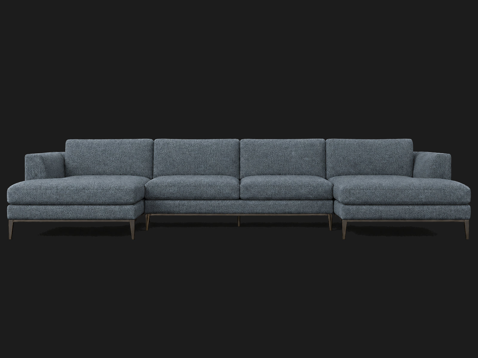 Italia Taper Arm U-Chaise Sectional – Metal Base – Mohair Slate Blue – Burnished Bronze #Fabric & Color_Mohair Slate Blue