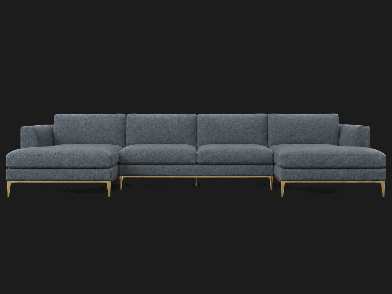 Italia Taper Arm U-Chaise Sectional – Metal Base – Mohair Slate Blue – Matte Brass