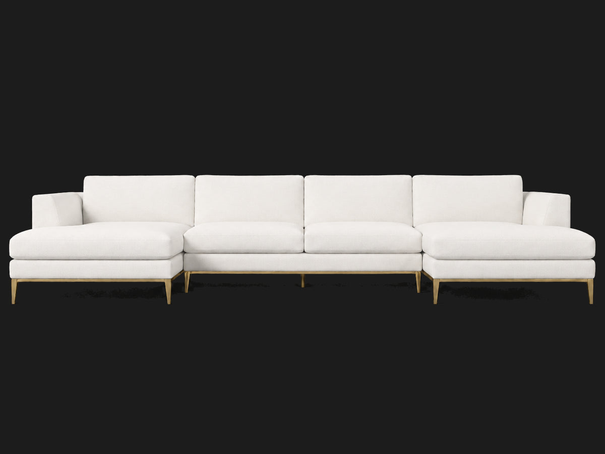 Italia Taper Arm U-Chaise Sectional – Metal Base – Performance Linen Weave Pure White – Matte Brass