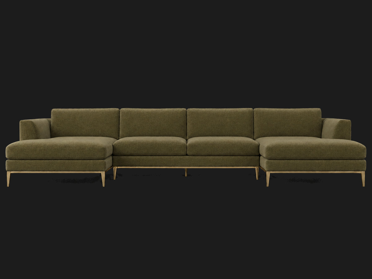 Italia Taper Arm U-Chaise Sectional – Metal Base – Performance Velvet Olive – Matte Brass