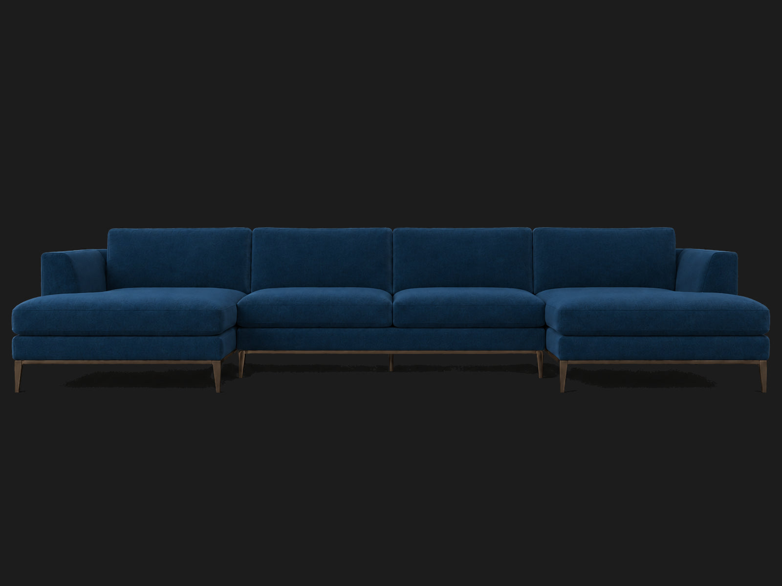 Italia Taper Arm U-Chaise Sectional – Metal Base – Performance Velvet Sapphire – Burnished Bronze #Fabric & Color_Performance Velvet Sapphire