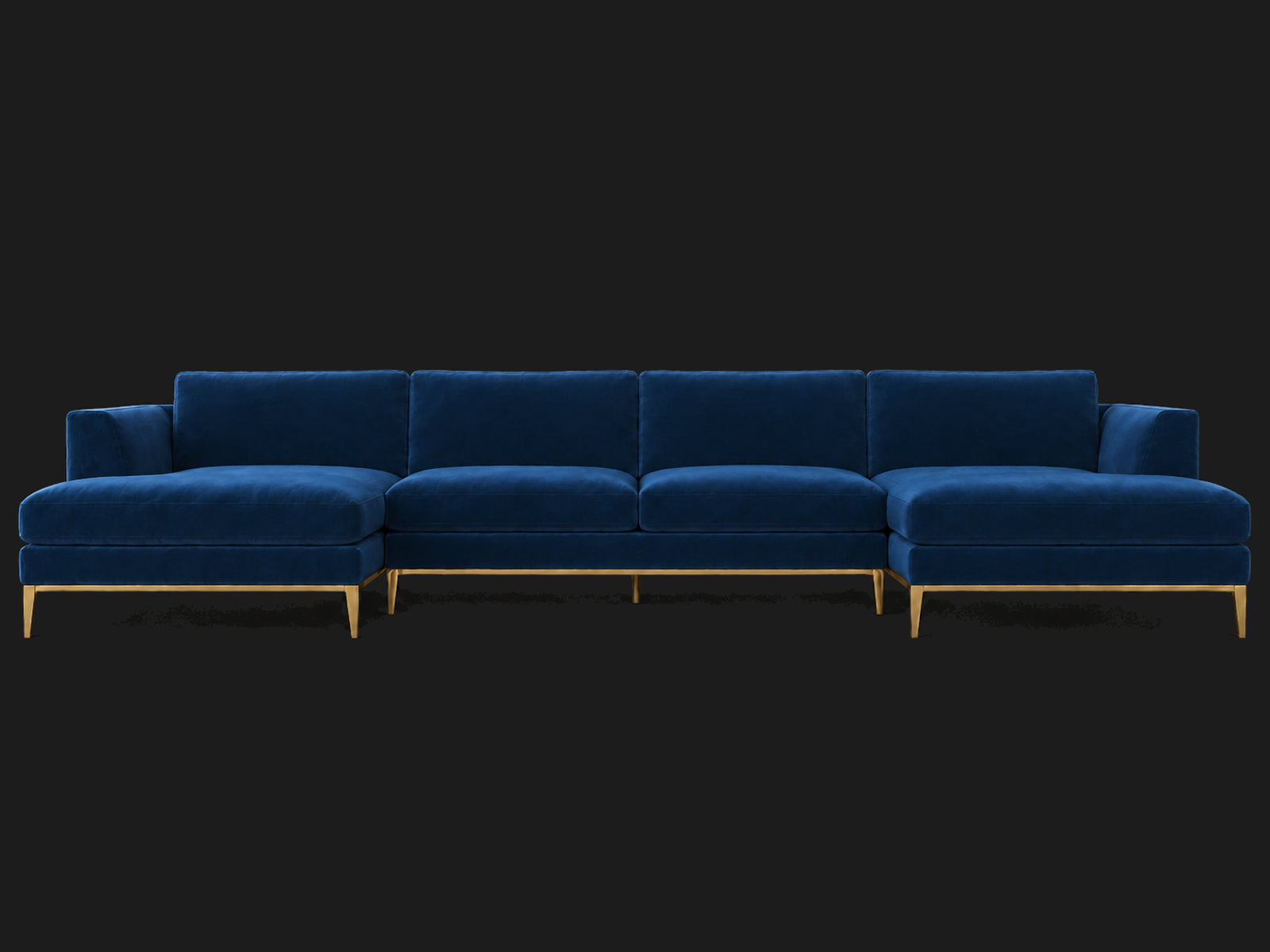 Italia Taper Arm U-Chaise Sectional – Metal Base – Performance Velvet Sapphire – Matte Brass