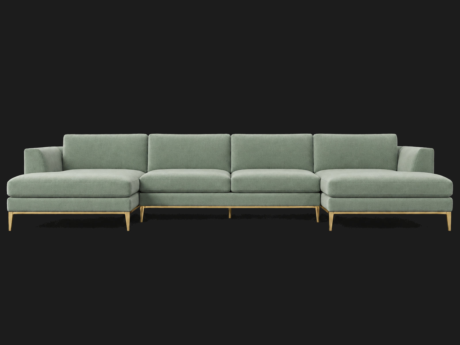 Italia Taper Arm U-Chaise Sectional – Metal Base – Performance Velvet Seafoam – Matte Brass