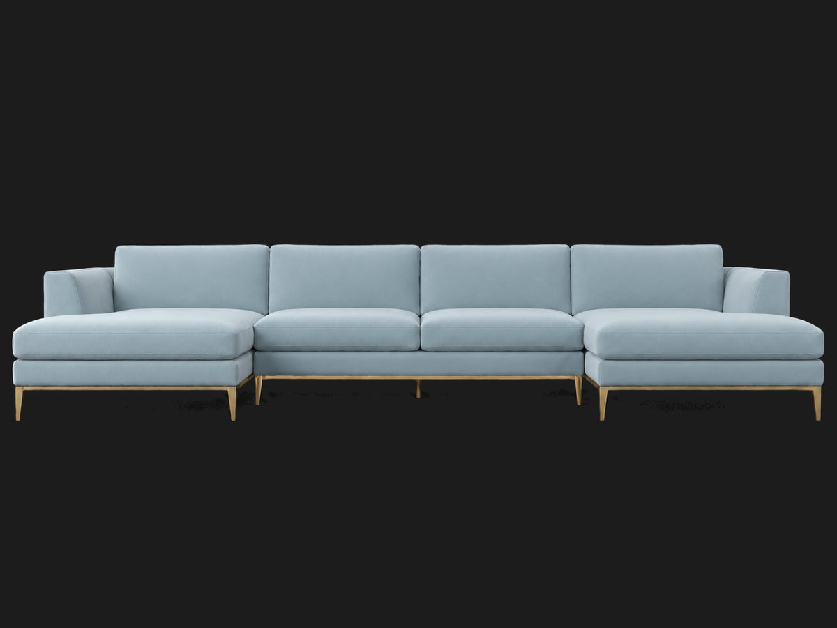 Italia Taper Arm U-Chaise Sectional – Metal Base – Performance Velvet Sky – Matte Brass