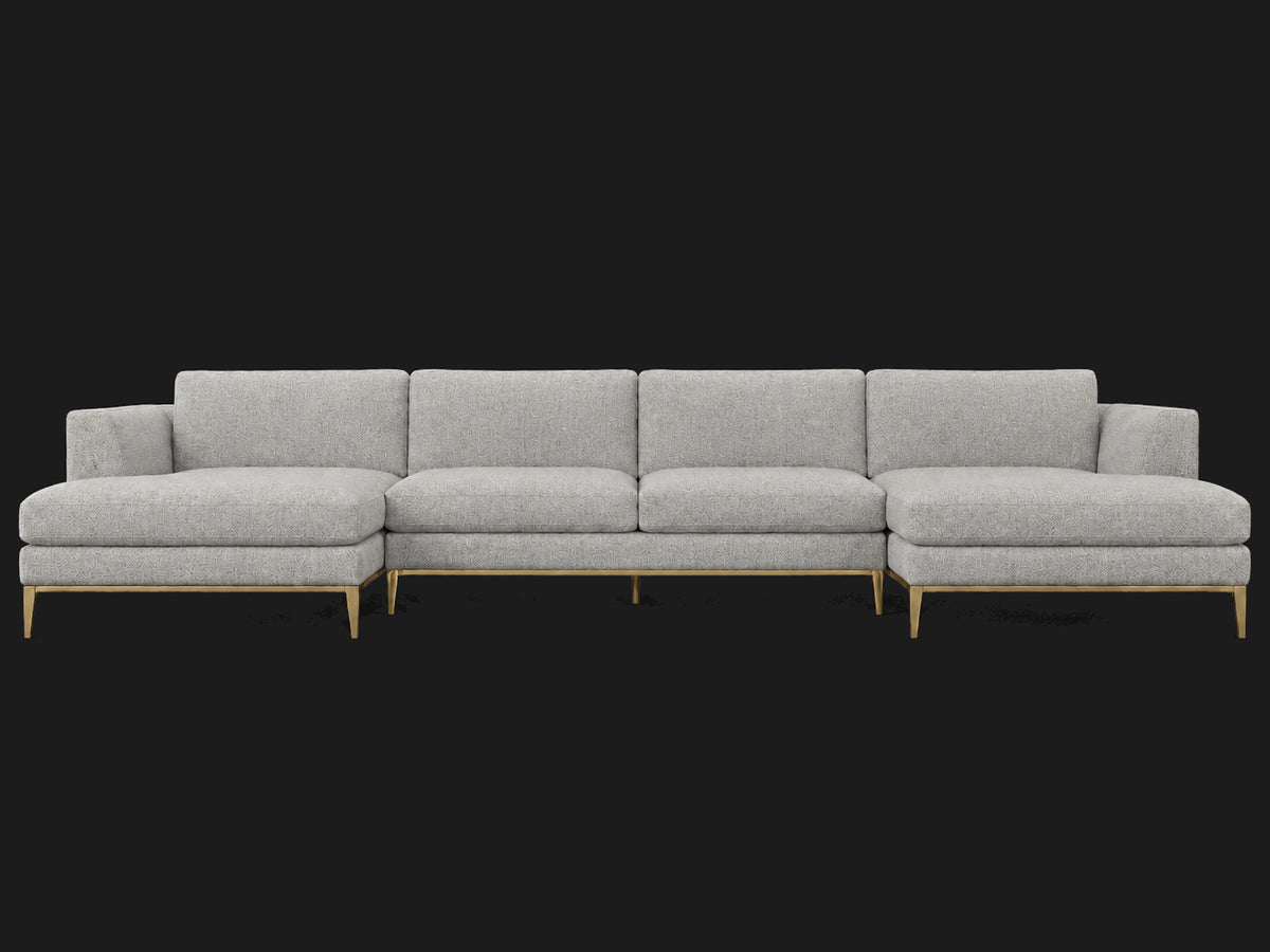 Italia Taper Arm U-Chaise Sectional – Metal Base – Performance Woven Chenille Steel – Matte Brass