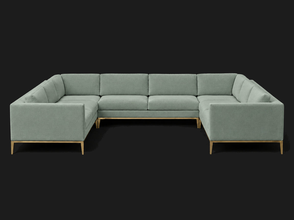 Italia Taper Arm U-Sectional – Metal Base – Performance Velvet Seafoam – Matte Brass #Fabric & Color_Performance Velvet Seafoam