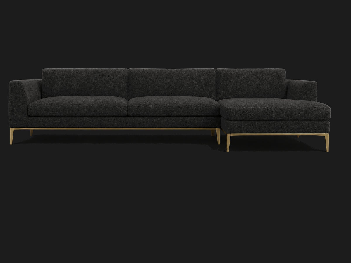 Italia Taper Arm Left-Arm Chaise Sectional – Metal Base — Italian Brushed Wool Pepper — Matte Brass #Fabric & Color_Italian Brushed Wool Pepper