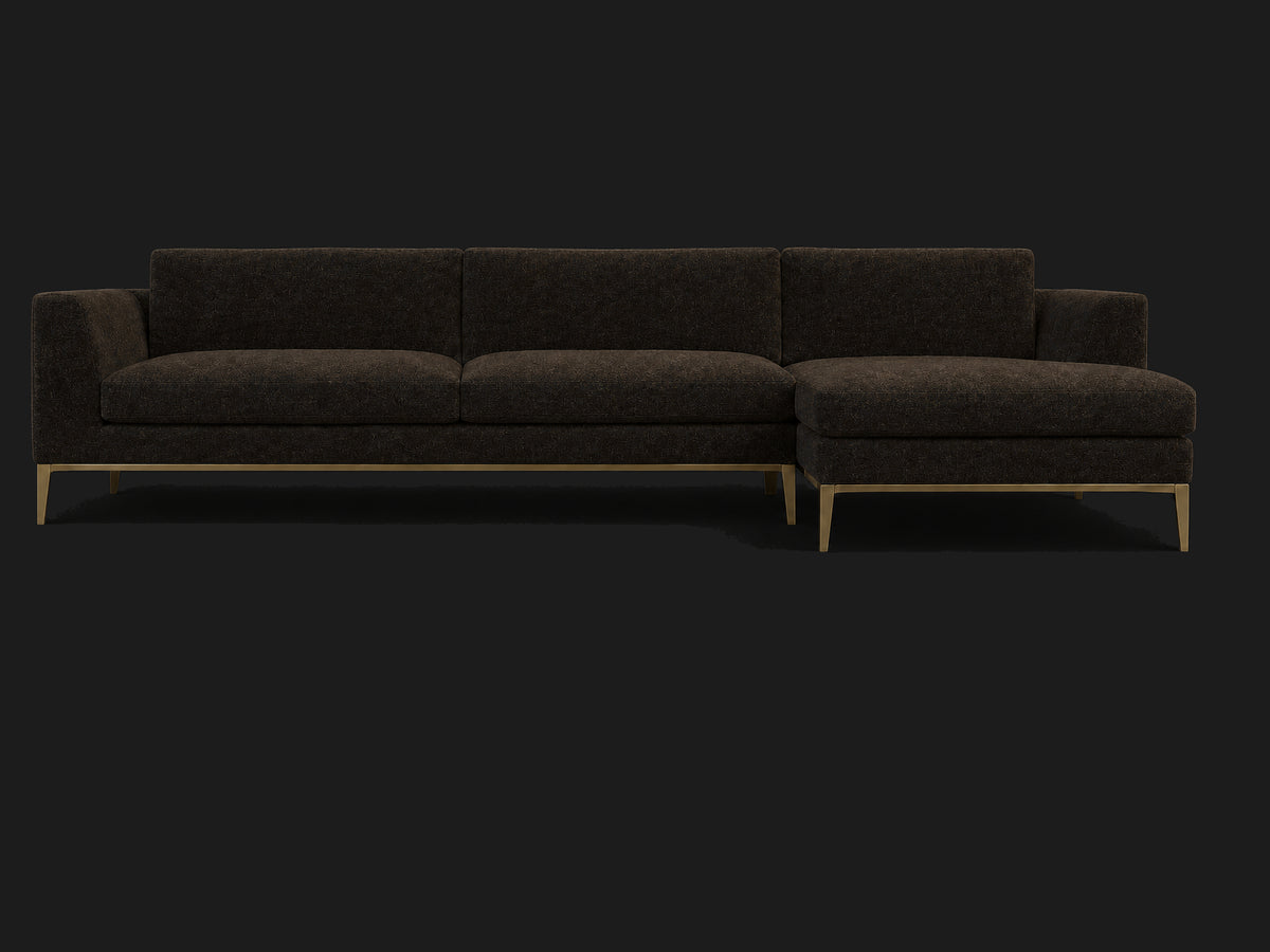 Italia Taper Arm Left-Arm Chaise Sectional – Metal Base — Mohair Chocolate — Matte Brass #Fabric & Color_Mohair Chocolate