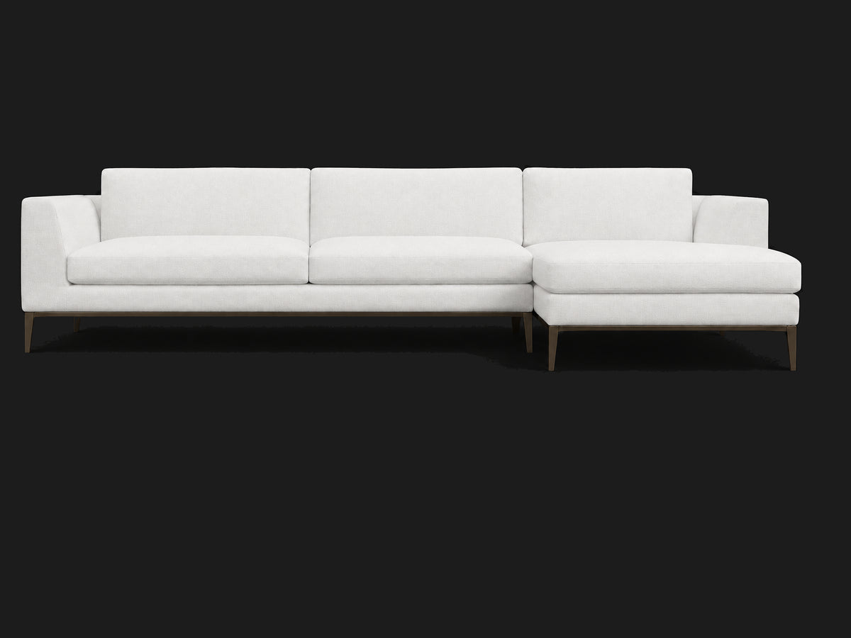 Italia Taper Arm Left-Arm Chaise Sectional – Metal Base — Performance Linen Weave Pure White — Burnished Bronze #Fabric & Color_Performance Linen Weave Pure White