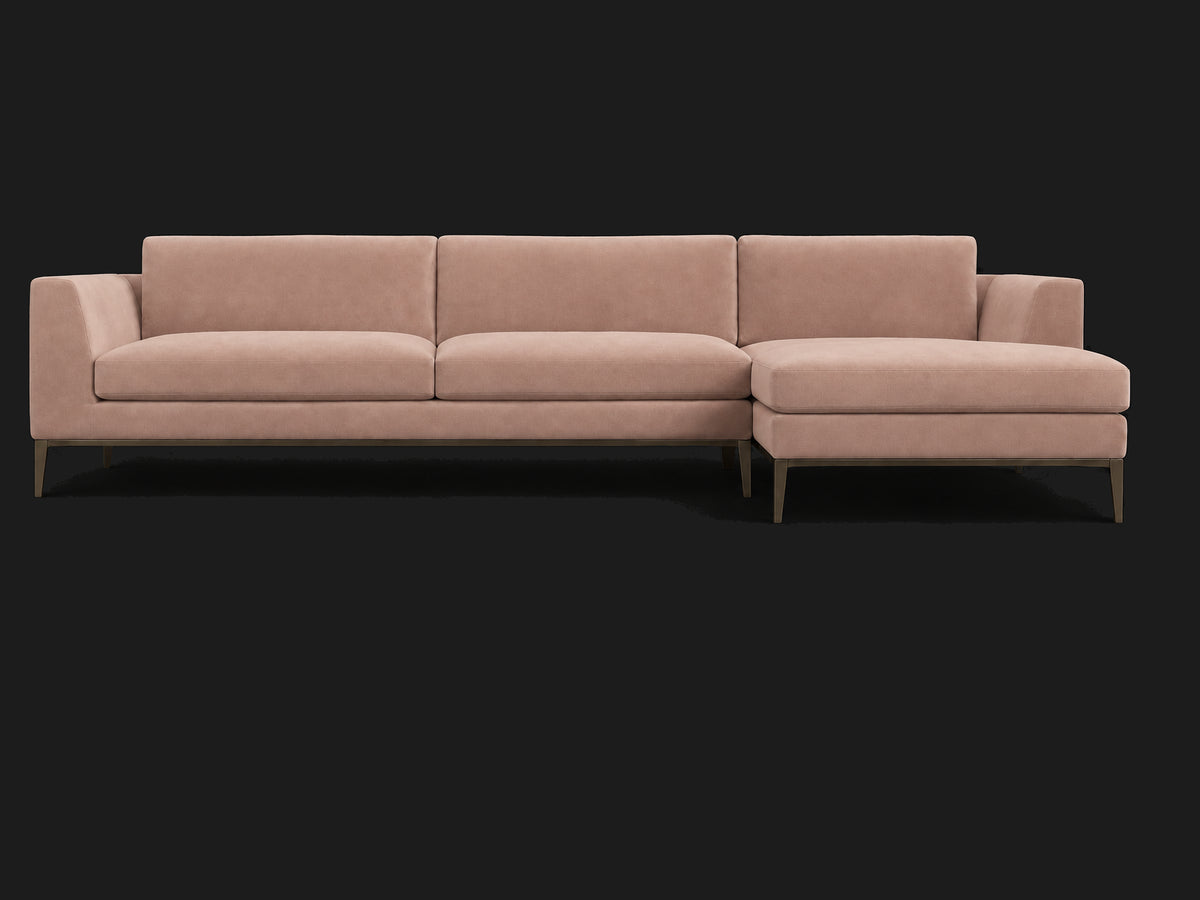 Italia Taper Arm Left-Arm Chaise Sectional – Metal Base — Performance Velvet Blossom — Burnished Bronze #Fabric & Color_Performance Velvet Blossom