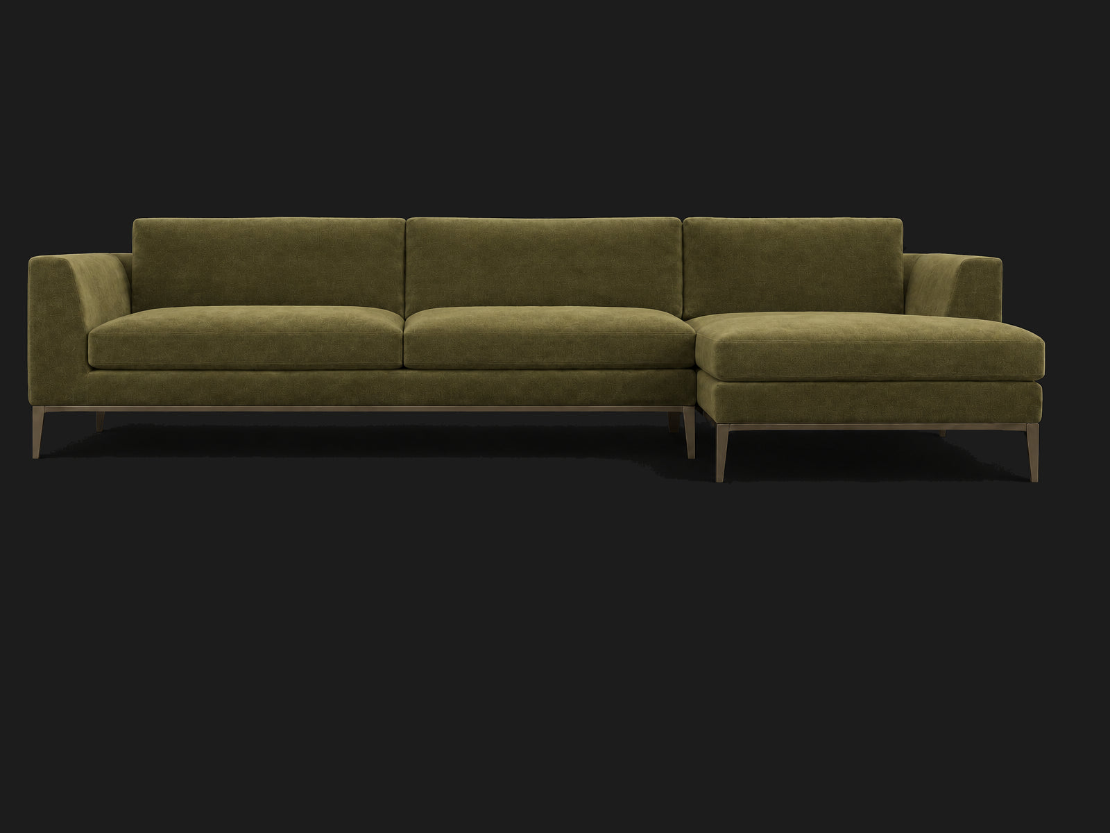 Italia Taper Arm Left-Arm Chaise Sectional – Metal Base — Performance Velvet Olive — Burnished Bronze #Fabric & Color_Performance Velvet Olive