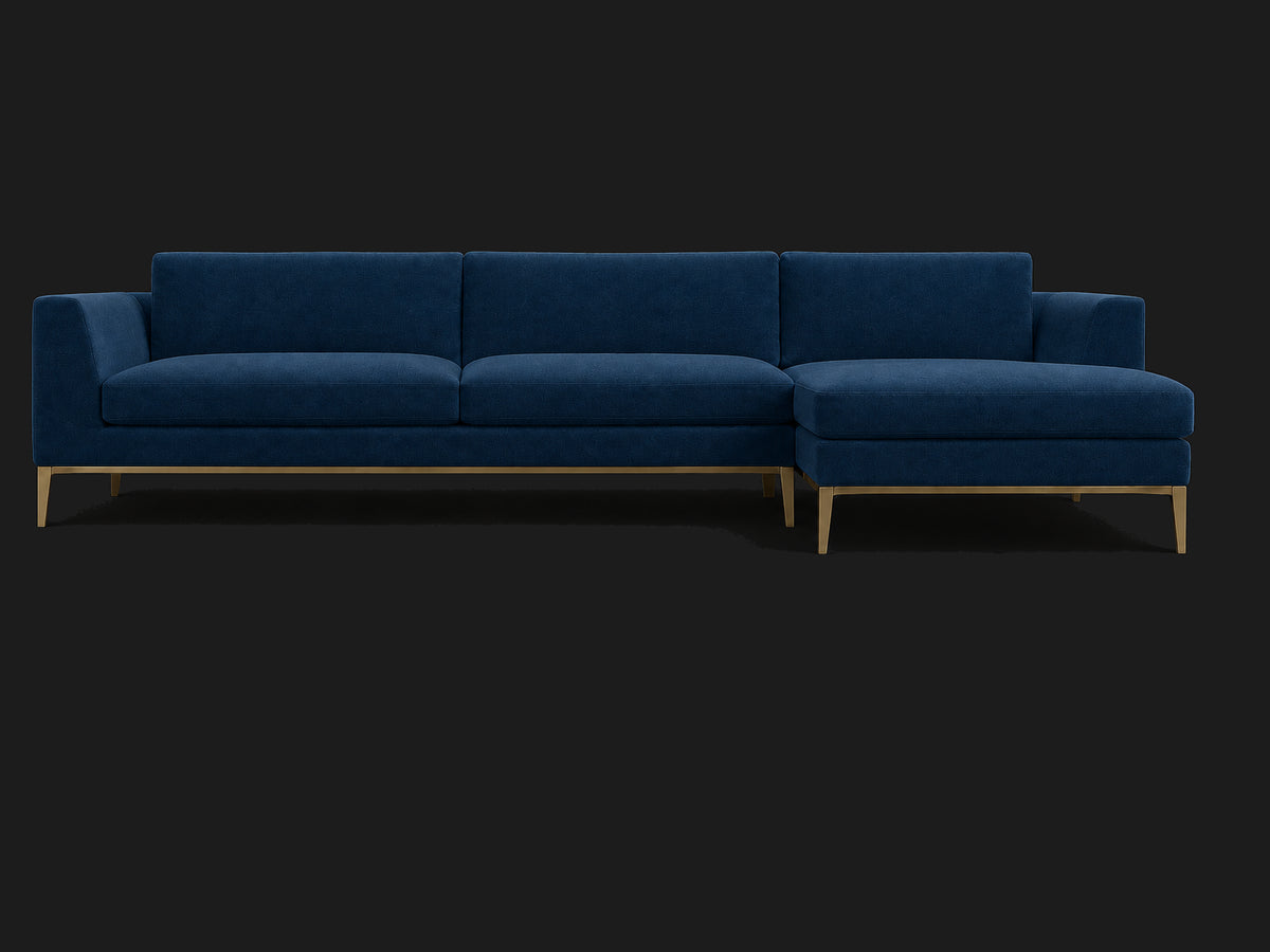 Italia Taper Arm Left-Arm Chaise Sectional – Metal Base — Performance Velvet Sapphire — Matte Brass #Fabric & Color_Performance Velvet Sapphire