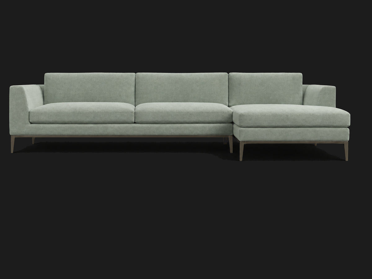 Italia Taper Arm Left-Arm Chaise Sectional – Metal Base — Performance Velvet Seafoam — Burnished Bronze #Fabric & Color_Performance Velvet Seafoam