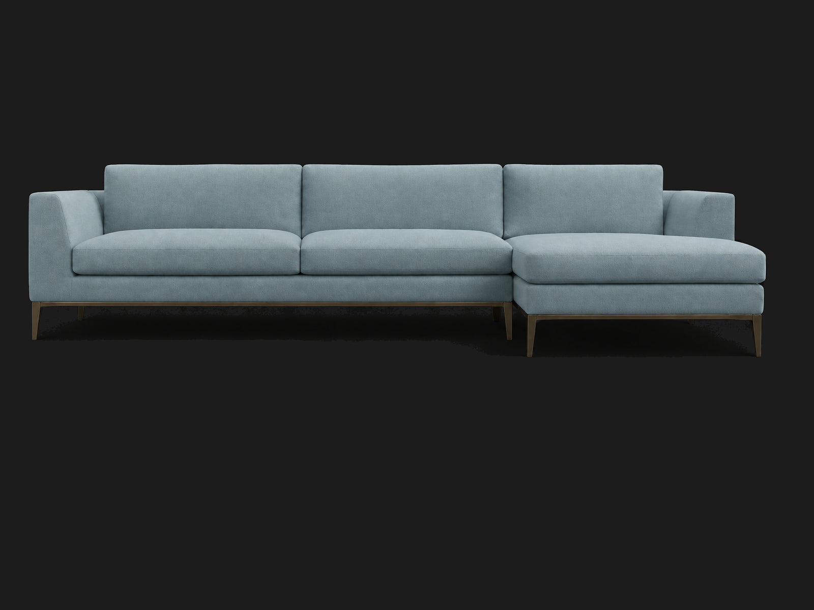 Italia Taper Arm Left-Arm Chaise Sectional – Metal Base — Performance Velvet Sky — Burnished Bronze #Fabric & Color_Performance Velvet Sky