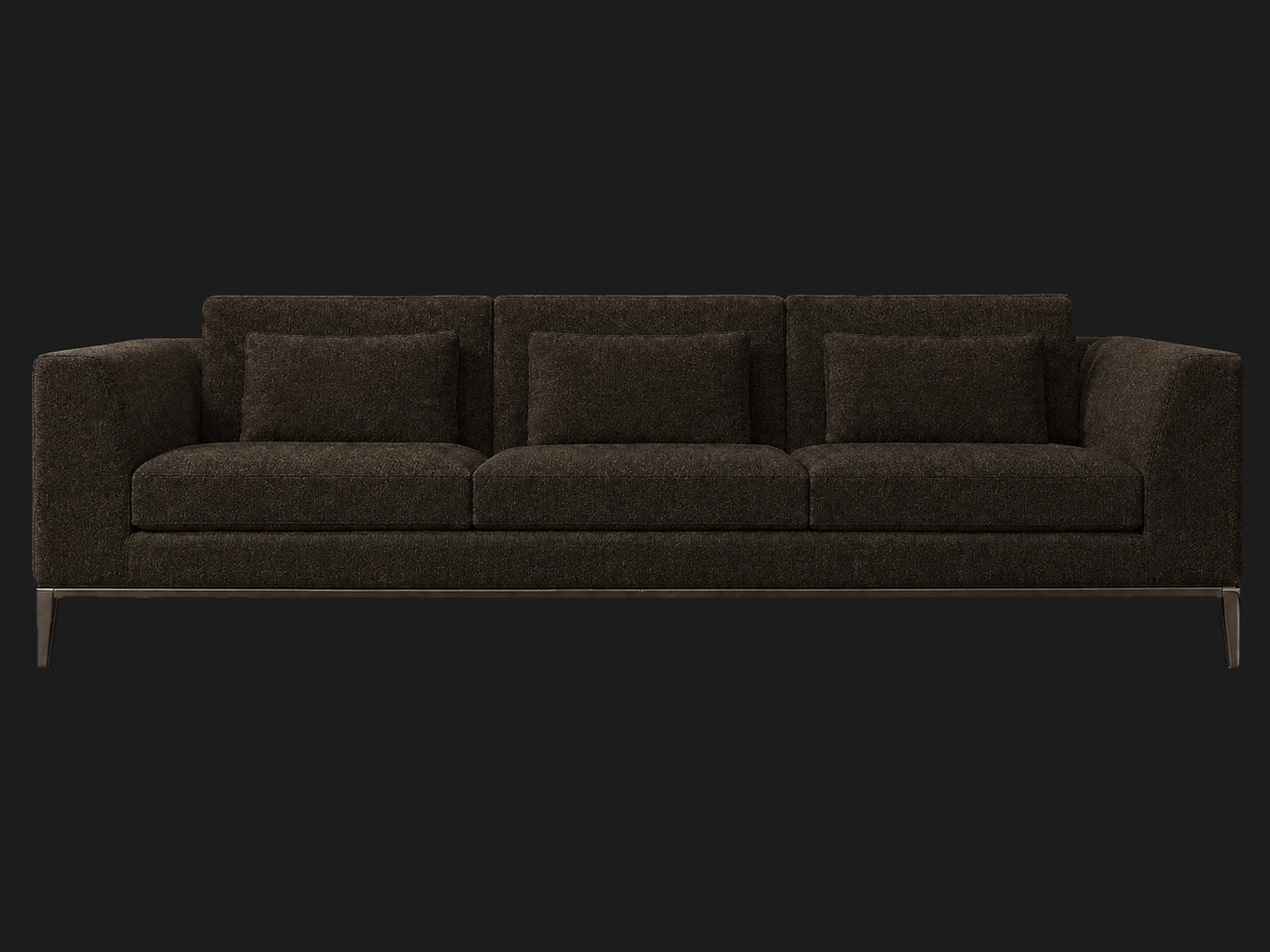 Italia Taper Arm 3-Cushion Sofa — Mohair Chocolate — Burnished Bronze — front-source-1 #Fabric & Color_Mohair Chocolate